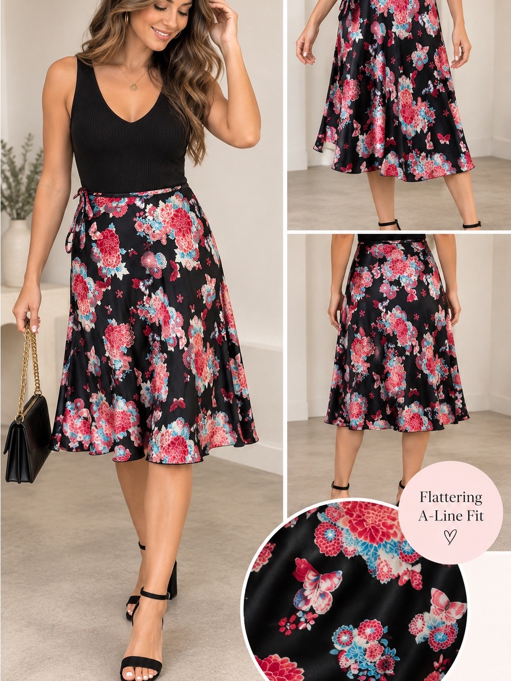 Black Floral Satin Midi Skirt Pink Blue A-Line Side Tie Approx L